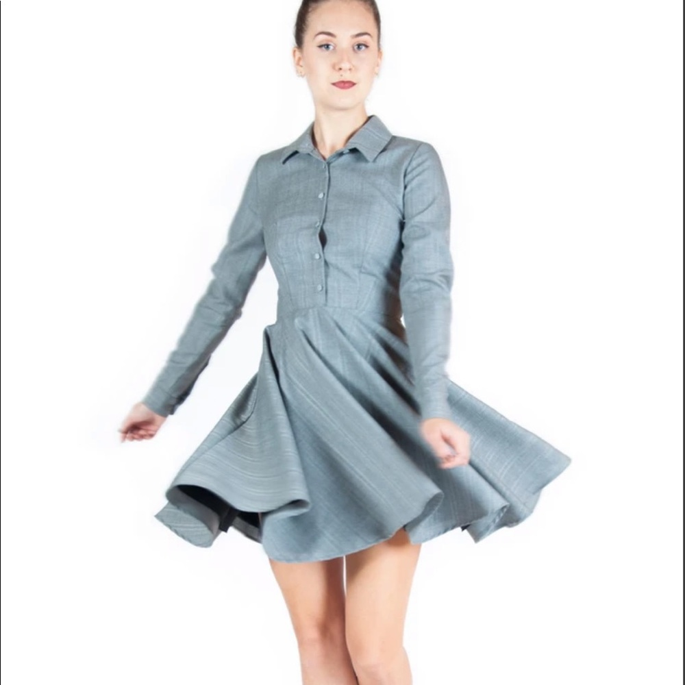 Beautiful grey menswear shirtdress with a full circle skirt.